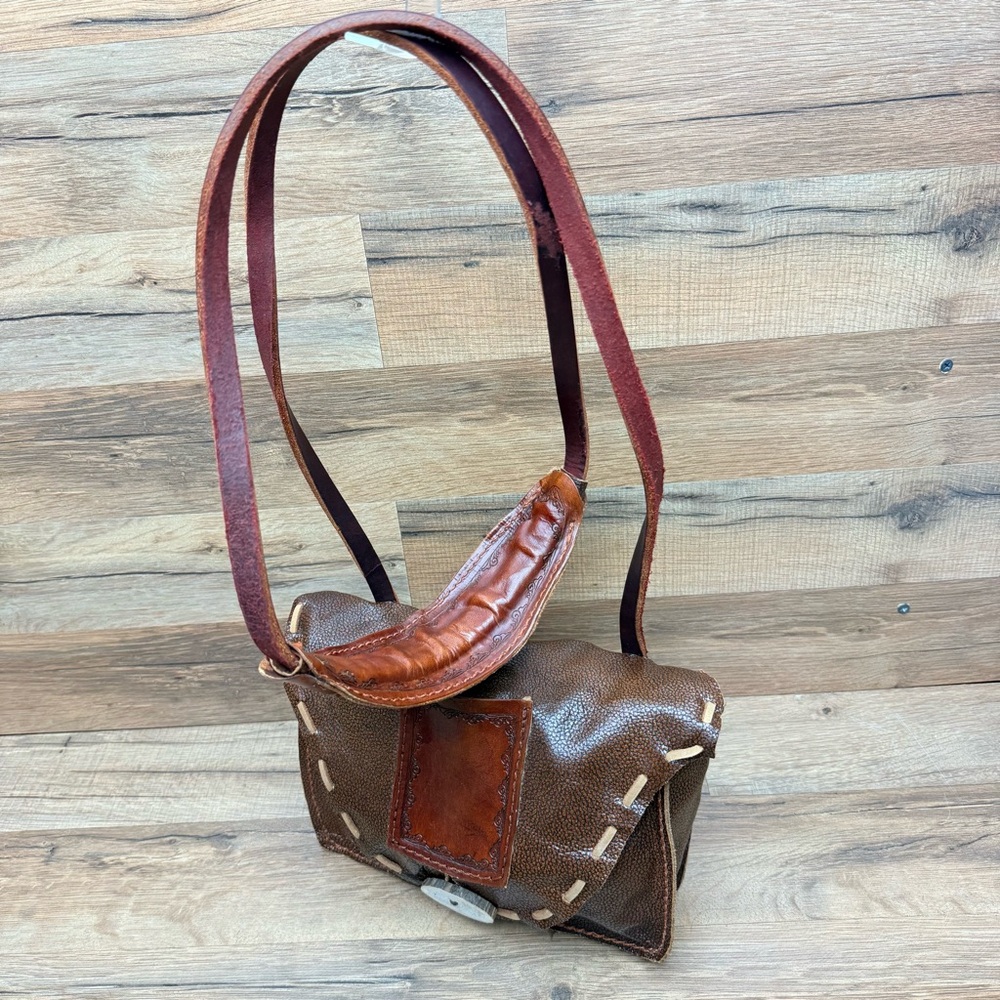 Vtg Crossbody Mini Genuine Leather Hand Tooled Embossed & Painted - Picture 9 of 10